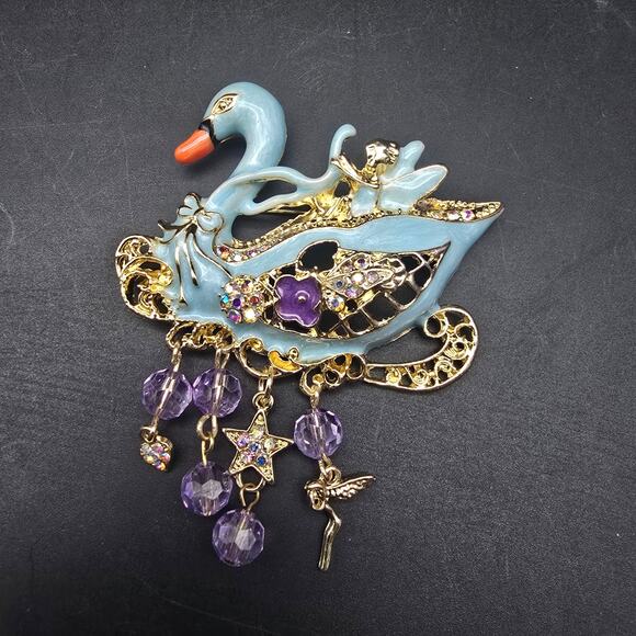 Powder Blue Enamel Swan Brooch Purple Gold Tone Charms Whimsical - Picture 1 of 7